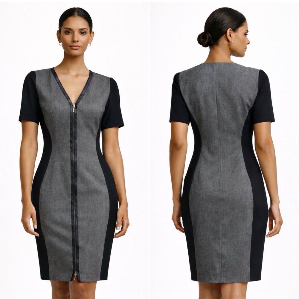 Elie Tahari Gray and Black Zip-Front Ponte Midi Dress